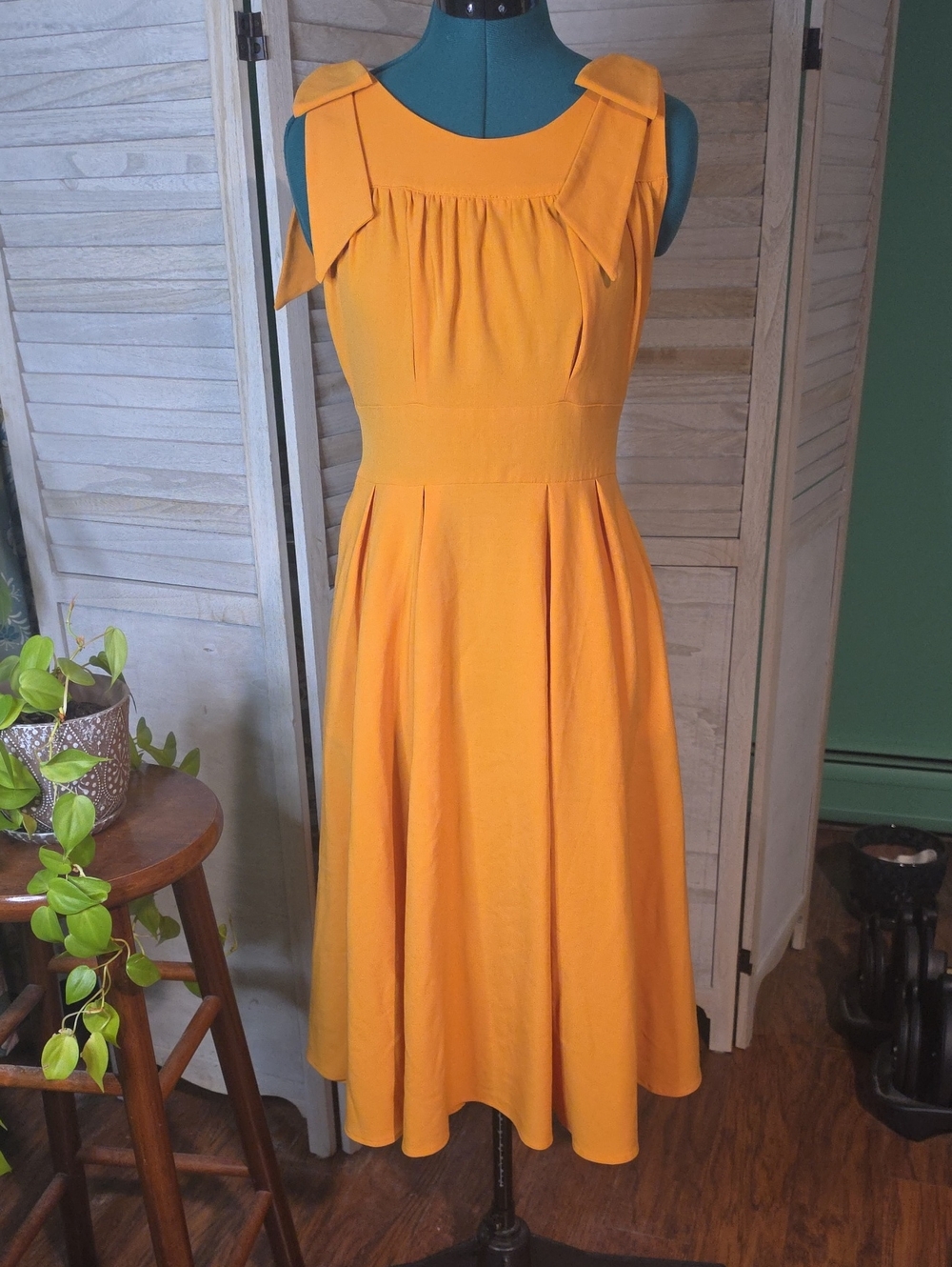 Miss Candyfloss Mustard Yellow Bow Swing Dress S Retro Pinup Pockets NWOT